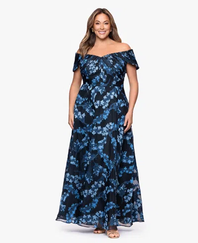 Betsy & Adam Plus Size Off-the-shoulder Long Dress In Blue