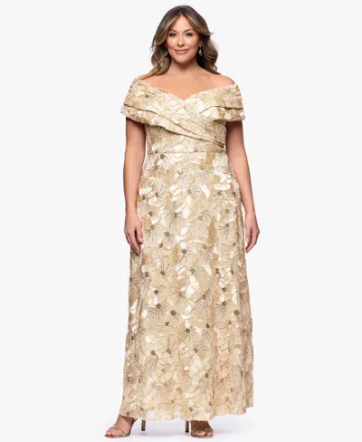 Betsy & Adam Plus Size Off-the-shoulder Long Gown In Gold