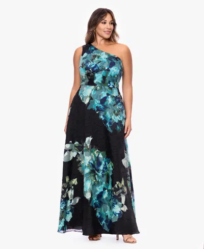 Betsy & Adam Plus Size One-shoulder Ball Gown Dress In Black