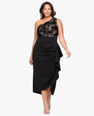 Betsy & Adam Plus Size One-shoulder Sequin Midi Dress In Black