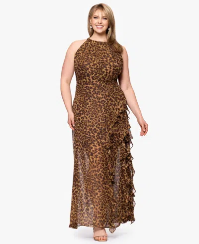 Betsy & Adam Plus Size Printed Halter Long Sheath Dress In Brown