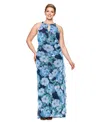 Betsy & Adam Plus Size Printed High-neck Sleeveless Mesh Dress In Blue