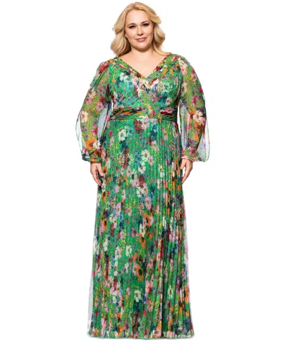 Betsy & Adam Plus Size Printed Mynra Pleated Long Dress In Green