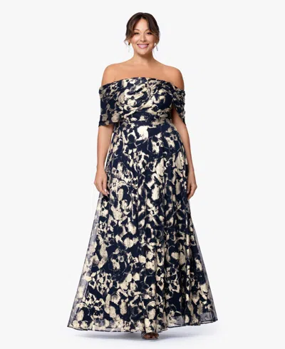 Betsy & Adam Plus Size Printed Off-the-shoulder Ball Gown In Multi