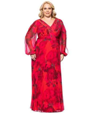Betsy & Adam Plus Size Printed Pleated Long-sleeve Gown In Red,fuchsia