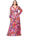 BETSY & ADAM PLUS SIZE PRINTED PLEATED LONG-SLEEVE GOWN