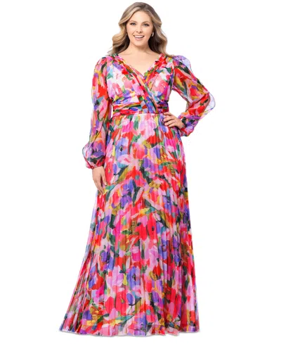 Betsy & Adam Plus Size Printed Pleated Long-sleeve Gown In Multi