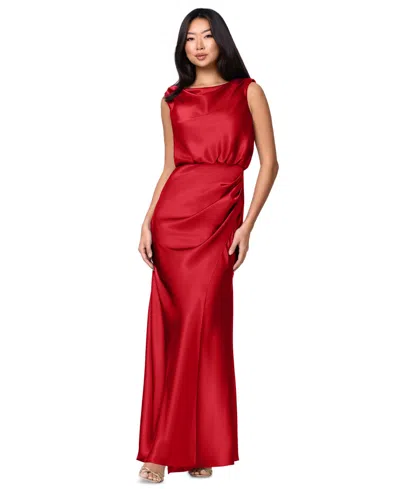 Betsy & Adam Plus Size Ruched Cowl Neck Sleeveless Gown In Red