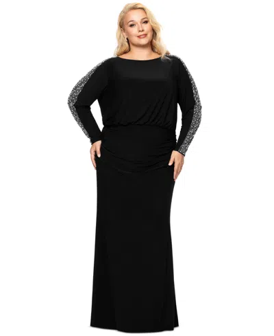 Betsy & Adam Plus Size Scoop-neck Long-beaded-sleeve Dress In Black,silver