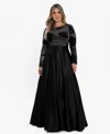 Betsy & Adam Plus Size Scoop Neck Long-sleeve Ball Gown In Black