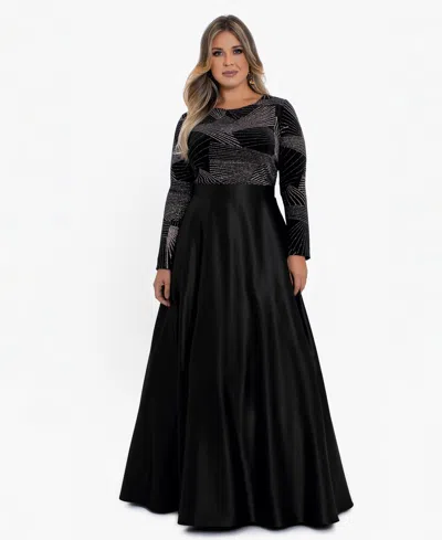 Betsy & Adam Plus Size Scoop Neck Long-sleeve Ball Gown In Black
