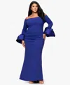 Betsy & Adam Plus Size Scuba Bell Sleeve Off-the-shoulder Long Dress In Blue