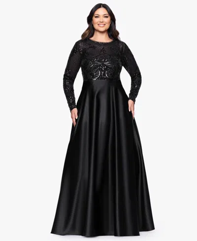 Betsy & Adam Plus Size Sequin Long-sleeve Ball Gown In Black