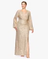Betsy & Adam Plus Size Sequin V-neck Long Bell Sleeves Dress In Gold
