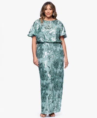 Betsy & Adam Plus Size Short-sleeve Long Sheath Dress In Green