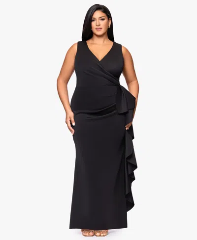 Betsy & Adam Plus Size Sleeveless Ruffled Ballgown Dress In Black