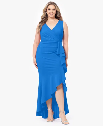 Betsy & Adam Plus Size Sleeveless Ruffled High-low Gown