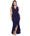 Betsy & Adam Plus Size Sleeveless Ruffled High-low Gown In Navy