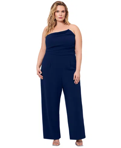 Betsy & Adam Plus Size Strapless Asymmetrical-neck Jumpsuit In Navy