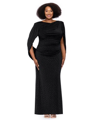 Betsy & Adam Plus Size Studded Cowl-neck Cape-back Gown In Black