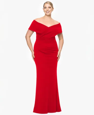 Betsy & Adam Plus Size Sweetheart Off-the-shoulder Gown In Red