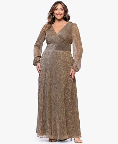 Betsy & Adam Plus Size V-neck A-line Long Dress In Brown