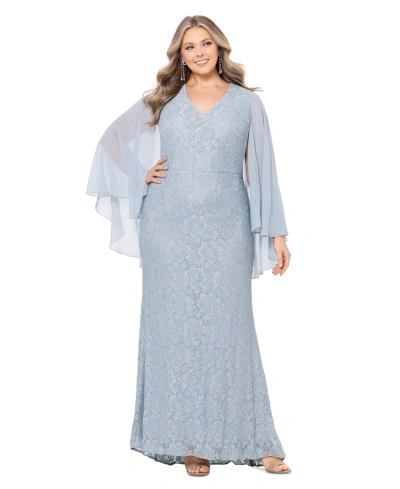 Betsy & Adam Plus Size V-neck Cape Lace Gown In Sage
