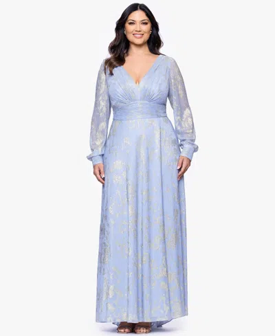 Betsy & Adam Plus Size V-neck Foil Mesh A-line Dress In Blue