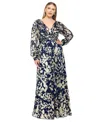 Betsy & Adam Plus Size V-neck Foil Mesh A-line Dress In Navy,gold