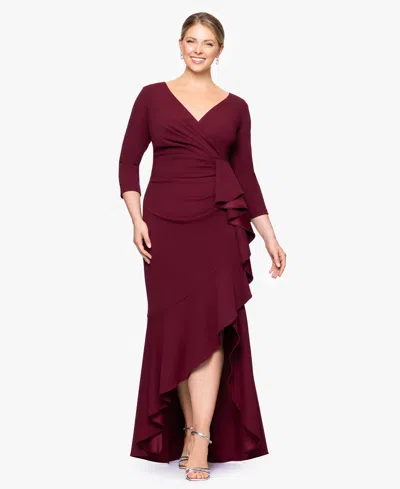 Betsy & Adam Plus Size V-neck Long Ruffle Dress In Burgundy