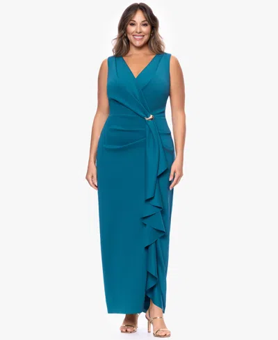 Betsy & Adam Plus Size V-neck Peacock Dress In Blue