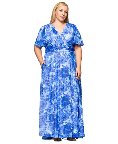 Betsy & Adam Plus Size V-neck Printed-metallic A-line Gown In White,blue