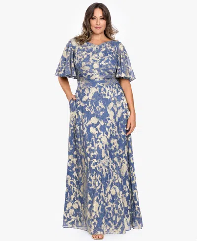 Betsy & Adam Plus Size V-neck Foil Printed Gown In Blue