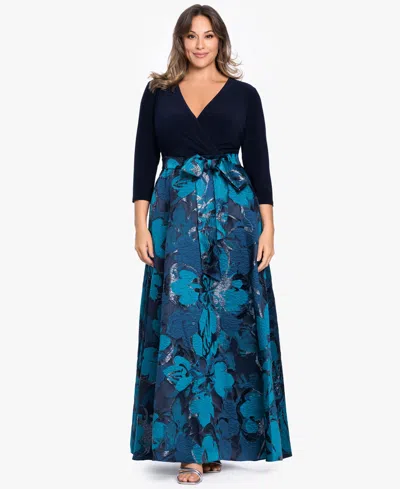 Betsy & Adam Plus Size V-neck Gown In Blue