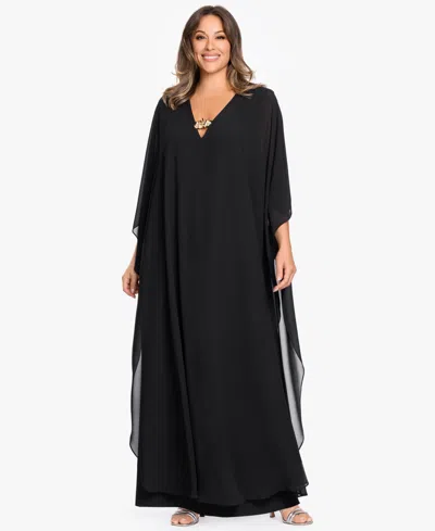 Betsy & Adam Plus Size V-neck Long-sleeve Gown In Black