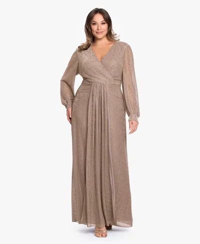 Betsy & Adam Plus Size V-neck Lurex Knit Ball Gown In Brown