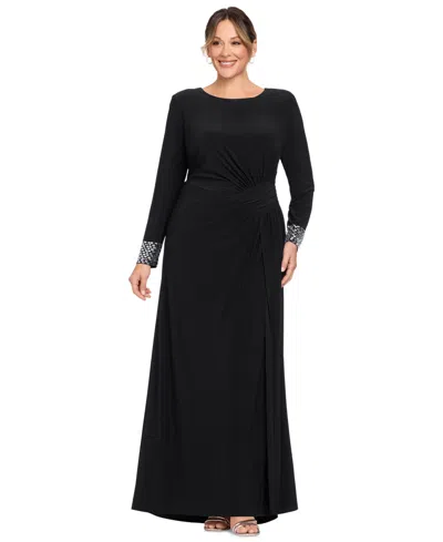 Betsy & Adam Plus Size Wedding Guest Bedazzled-wrist-cuff Gown In Black