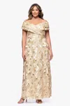 Betsy & Adam Plus "teyana" Soutache Sequin Off The Shoulder Floor Length Dress In Brown