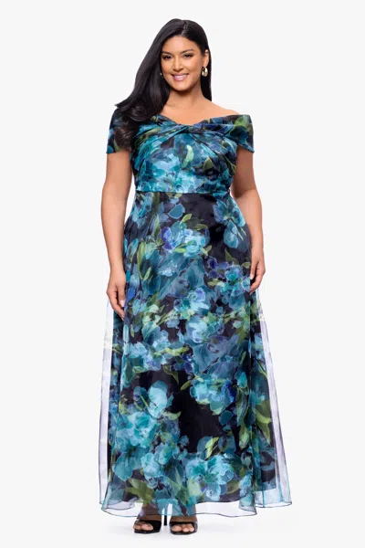Betsy & Adam Plus Size Printed Off-the-shoulder Ball Gown In Multi