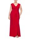 Betsy & Adam Plus V Neck Cascade Ruffle Gown In Red