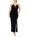 Betsy & Adam Plus Velvet Strapless Gown In Black