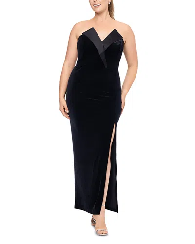 Betsy & Adam Plus Velvet Strapless Gown In Black