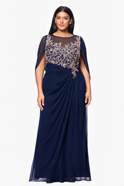 Betsy & Adam Plus "willa" Long Sheer Matte Jersey Cape Back Dress With Applique In Multi