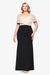 Betsy & Adam Plus "yasmeen" Long Off The Shoulder Scuba Crepe Gown In Green