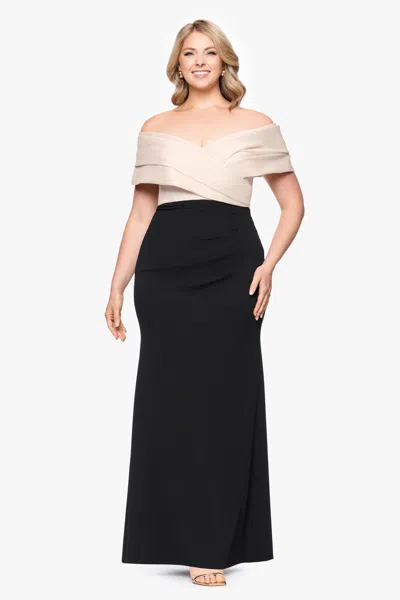 Betsy & Adam Plus "yasmeen" Long Off The Shoulder Scuba Crepe Gown In Green