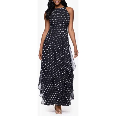 Betsy & Adam Polka Dot Handkerchief Hem Gown In Black/white