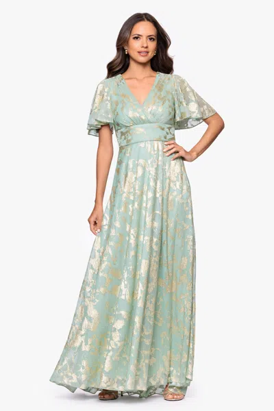 Betsy & Adam "polly" Metallic Print Flutter Sleeve Floor Length Dress In Green