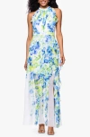 Betsy & Adam Print Ruffle Sleeveless Gown In Multi
