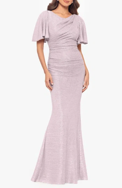 Betsy & Adam Metallic Flutter Sleeve Gown In Blush/silver