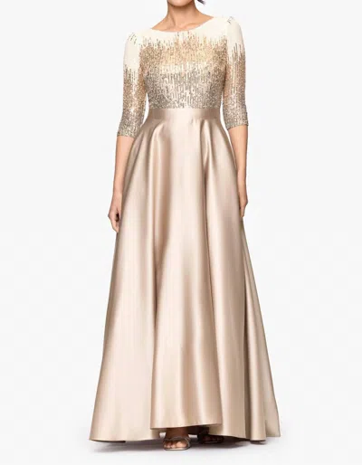 Betsy & Adam Quinn Embellished Sequin Ball Gown In Mocha In Neutral